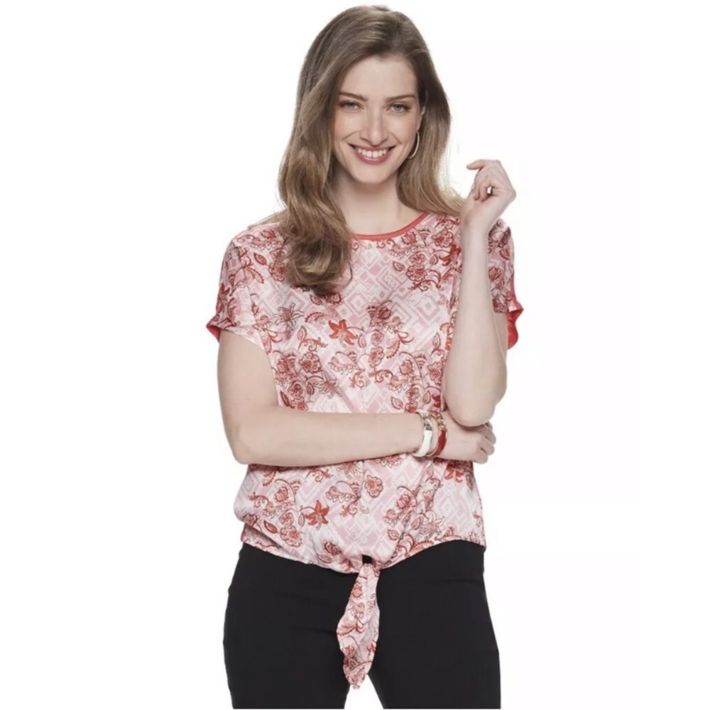 Dana Buchman Short Sleeve Knit  Woven Tie Front